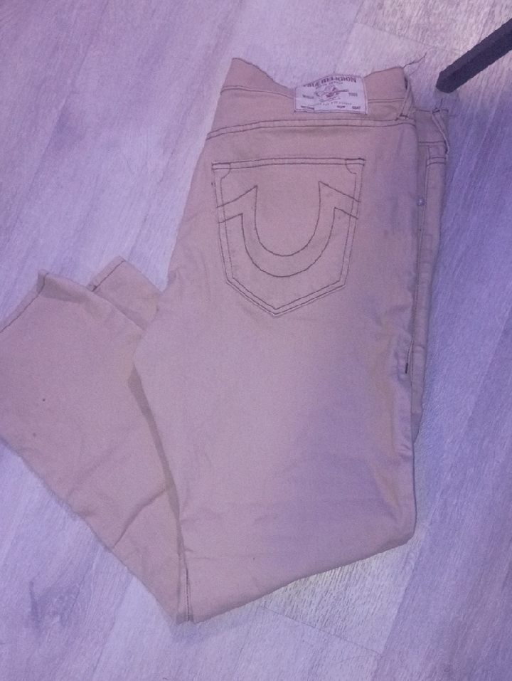 True Religion Tan Denim Jeans With Signature Stitching